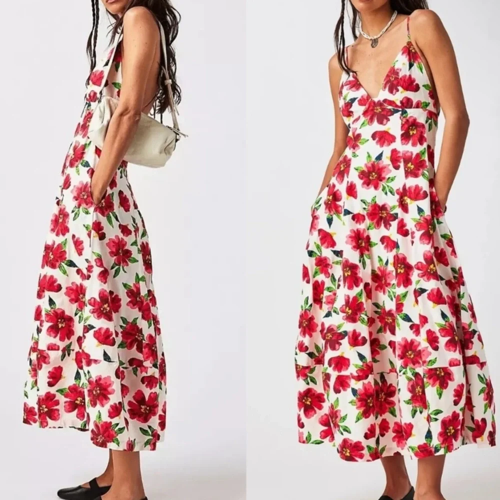 NWT FREE PEOPLE finder things Floral Red and White Midi Dress size small - Picture 3 of 15